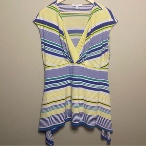 Chaus New York Striped Sleeveless Tunic Women XL Yellow Blue Asymmetric Pullover